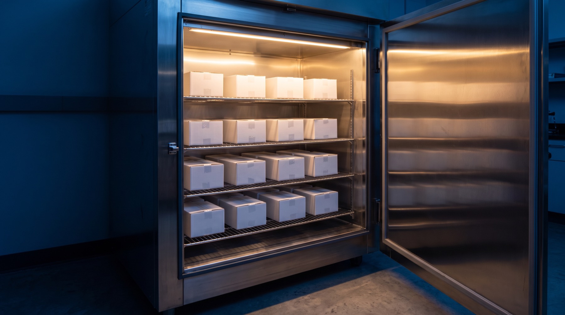 A stainless steel climate-controlled cabinet with its door open, holding rows of plain sealed sample boxes on wire racks